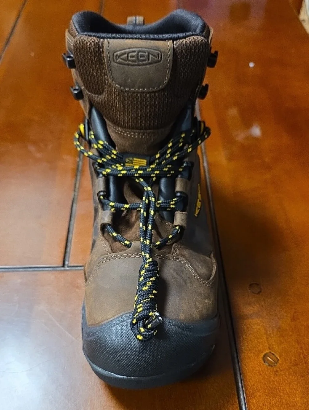Keen Brown and Black Men's Waterproof Mid-Height Hiking Boot with Yellow Accents